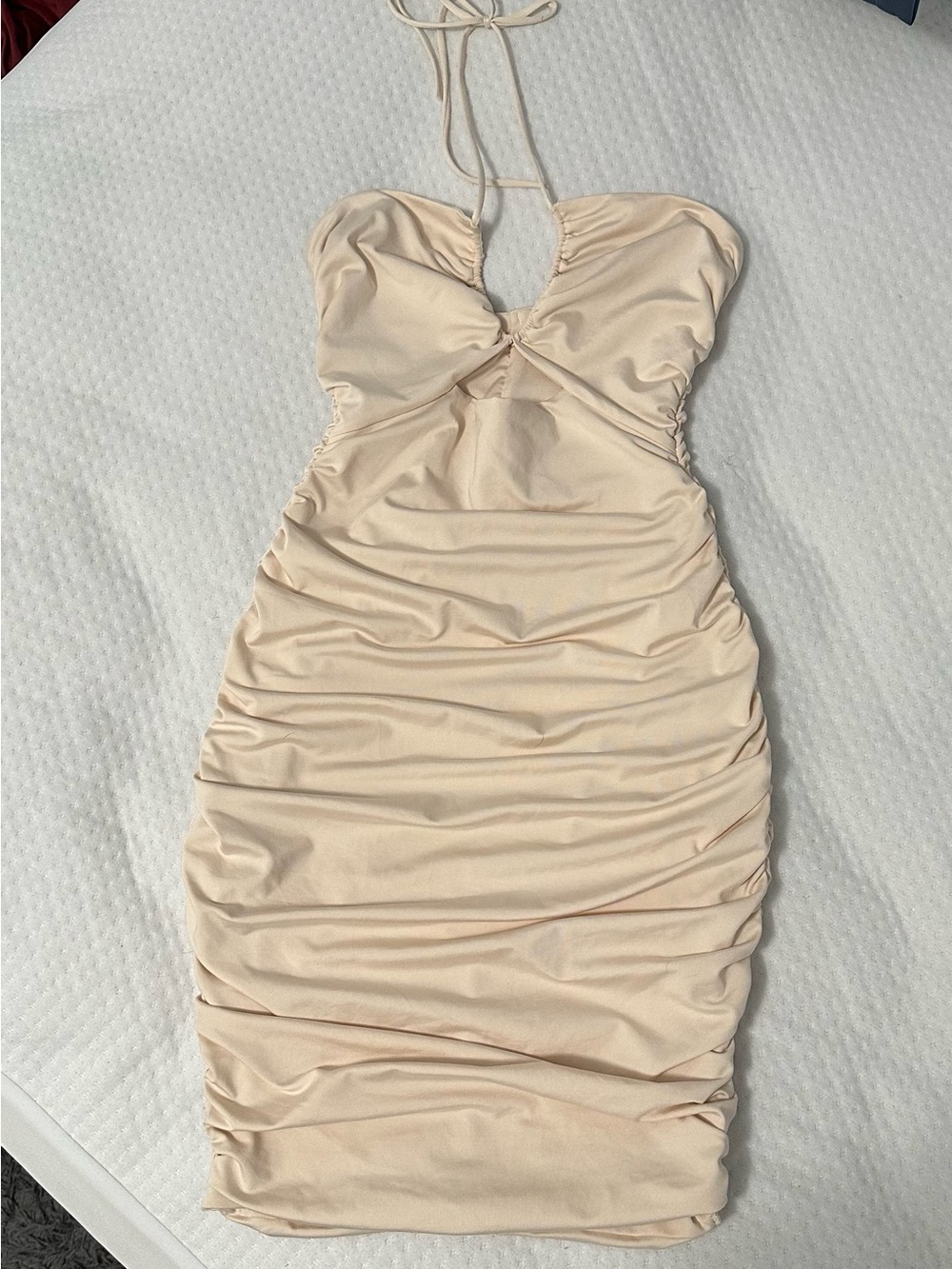 Oh Polly Beige Ruched Halter Bodycon Dress